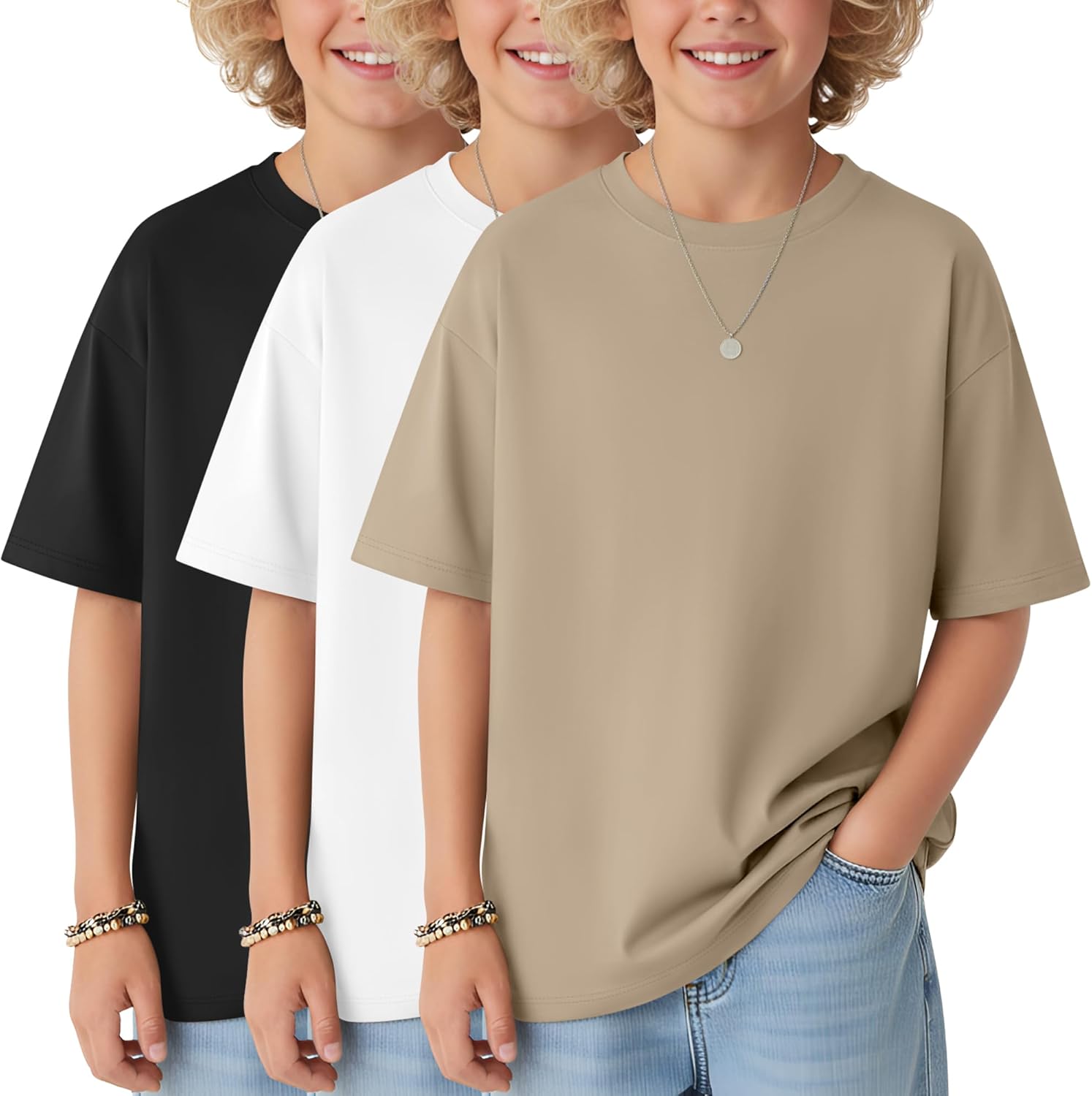 3 Pack Boy's Short Sleeve T-Shirts Kids Oversized Crewneck Top Unisex Basic Loose Fit Shirt Casual Soft Summer Tees