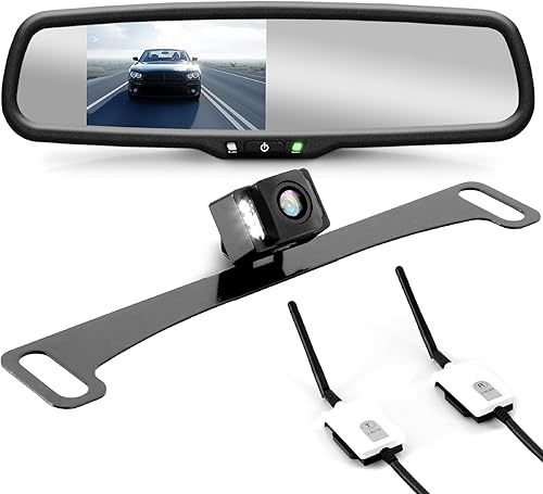 Cámara de visión trasera inalámbrica. Montaje en placa de matrícula. Ayuda al estacionar e ir marcha atrás. Con pantalla de visionado en espejo