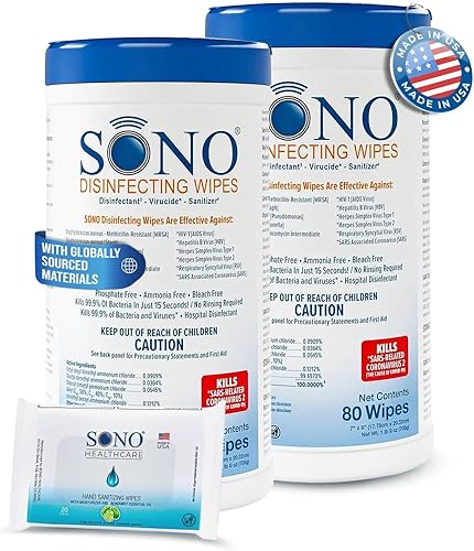 SONO Toallitas desinfectantes 160 unidades (paquete de 2) + desinfectante, sin alcohol, sin blanqueador, grado médico, limpieza de múltiples