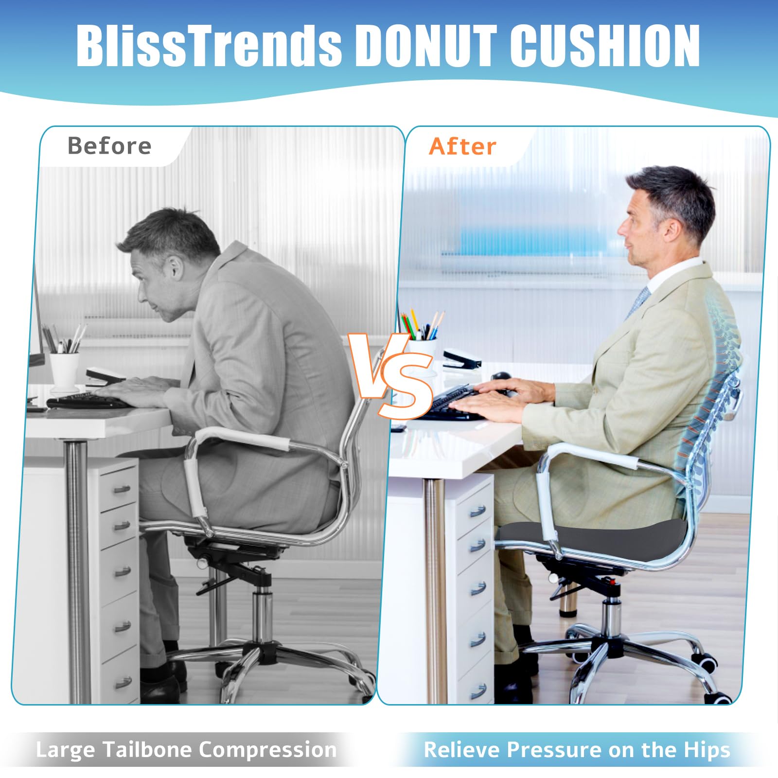 BlissTrends Cuscino per seduta a ciambella, per sedia a ciambella, per sedia postpartum, gravidanza ed emorroidi, per alleviare il dolore al coccige, cuscino in memory foam, per sedie da ufficio e da