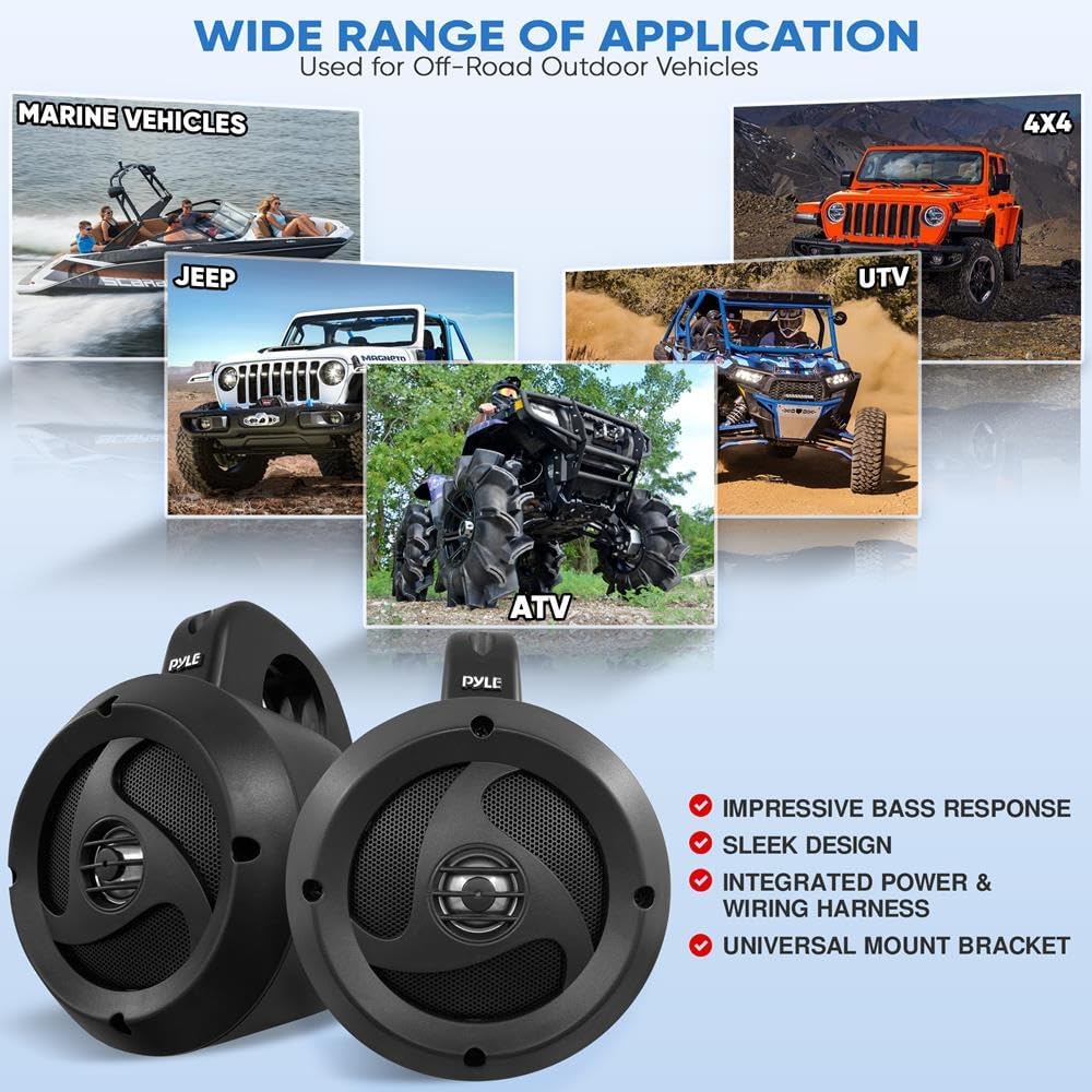2-Way Waterproof Bluetooth Off-Road Speakers - 4 inch 900W Active Passive Marine Grade Wakeboard Tower Speakers System w/AUX, Full Range Outdoor Stereo Speaker for ATV/UTV Jeep Boat - Pyle PLUTV40BTA - Image 5