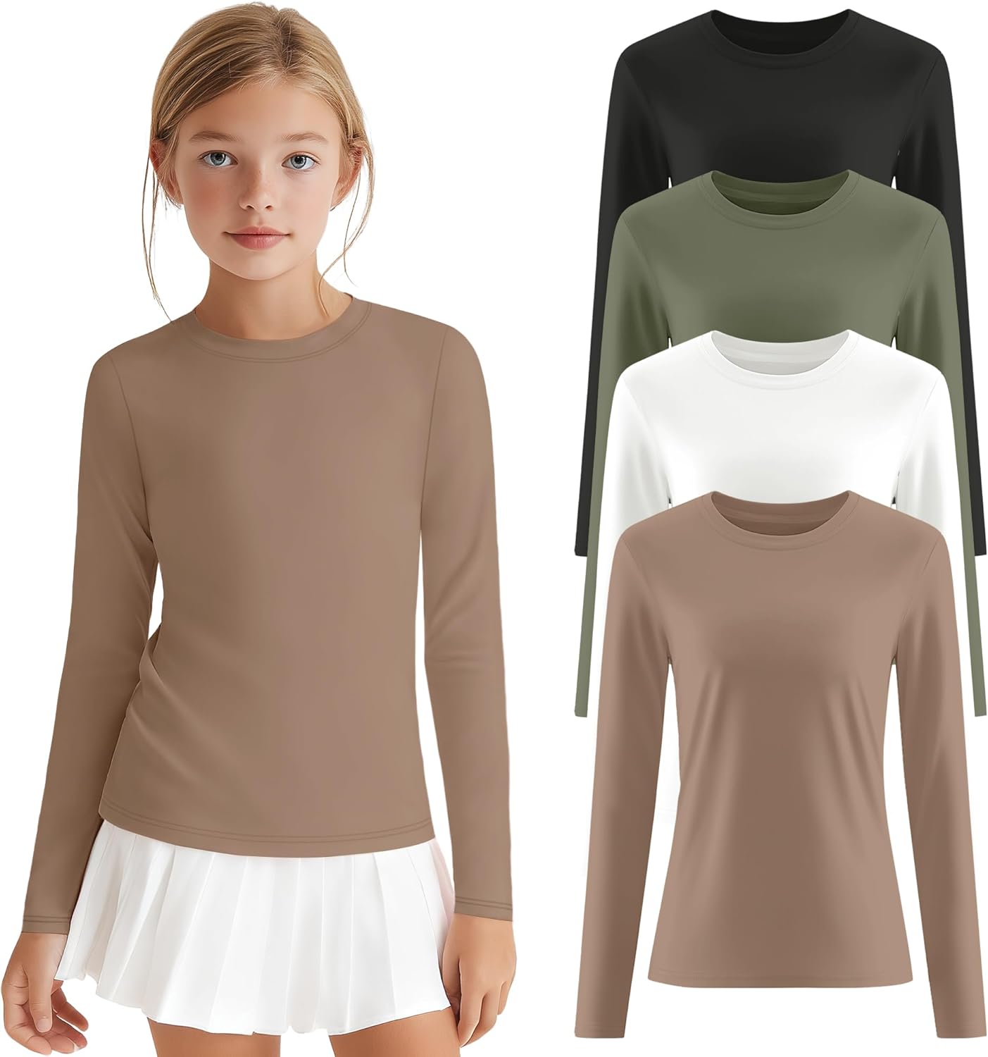 4 Pack Girls Long Sleeve Athletic Shirts Kids Activewear Tops Basic Yoga Crew Neck Sports Teen Youth Tees