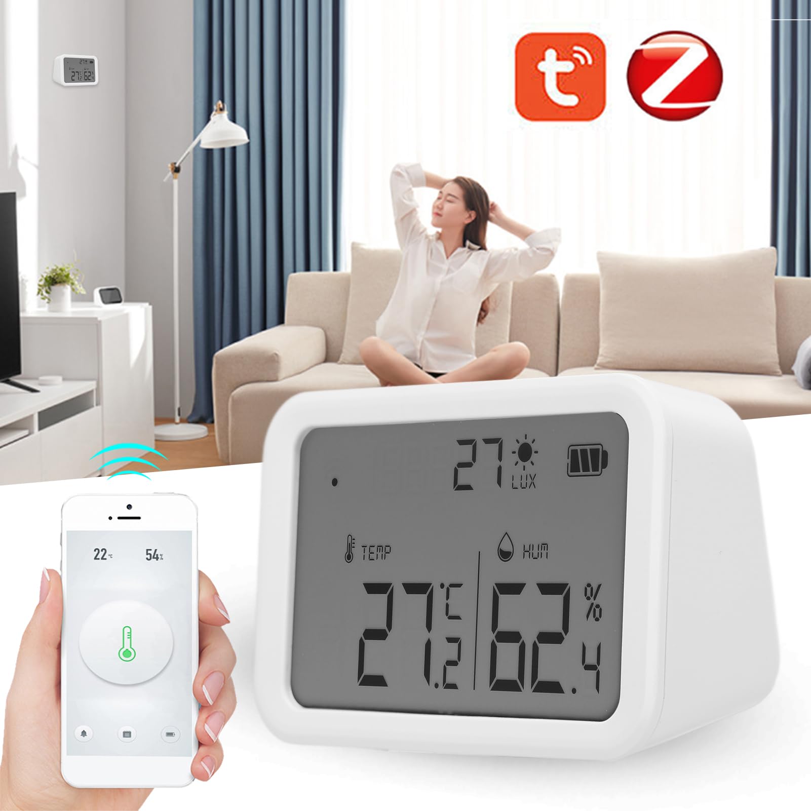 Sensor climático Inteligente, Sensor Inteligente con Pantalla LCD para Tuya Zigbee Temperatura Humedad Luz 3 en 1 Dispositivo de grabación