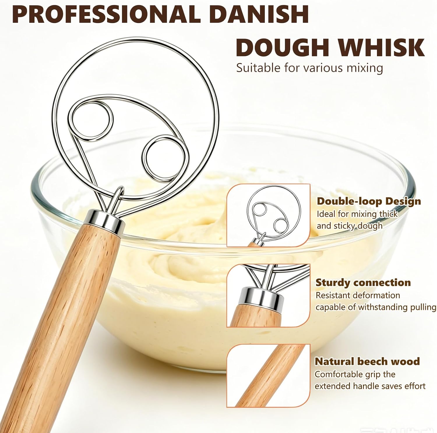 13-Inch Danish Dough Whisk Set, Sourdough Tools for Bread Making