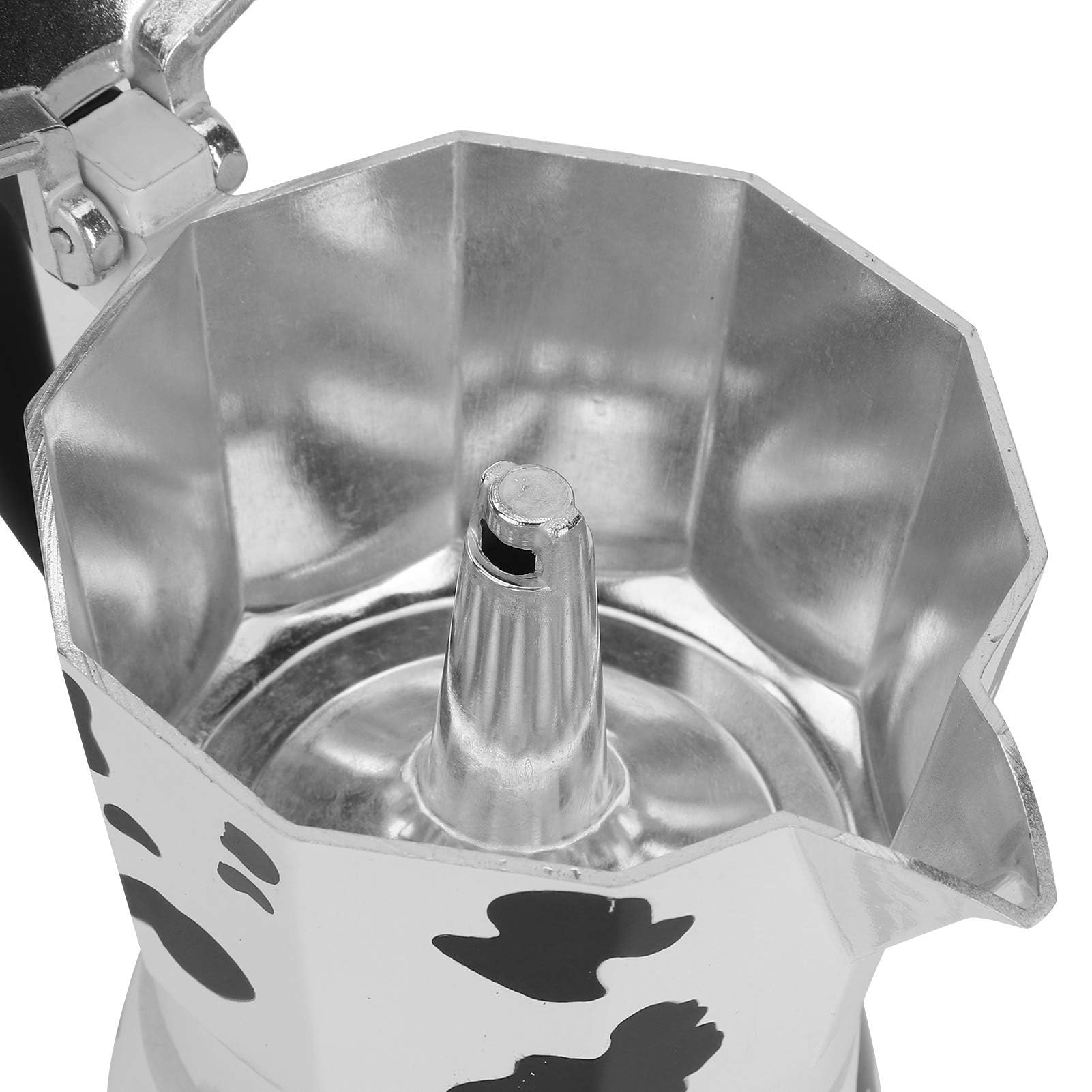 Cafetera Moka para el hogar, hervidor de mano concentrado, color vaca leche con aluminio italiano, para hervir hervidos, estufas italianas, expreso y ollas moka (3 tazas color vaca 150 ml)