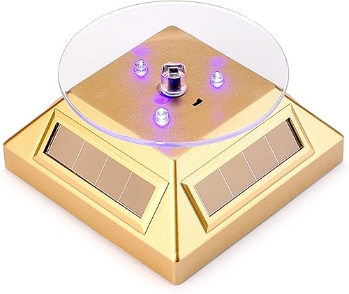 Leadleds Soporte de exhibición giratorio de 360 grados, base de oro de exhibición giratoria de joyería accionada solar y con pilas