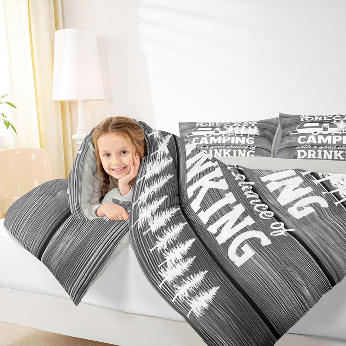 Erosebridal Funny Camper Decor Comforter Set Queen Size, Farmhouse Rustic Camping Bedding Set Grey White Barn Door Down Comforter Cabin Decor Wooden Planks Duvet Insert 3 Pcs with 2 Pillow Cases