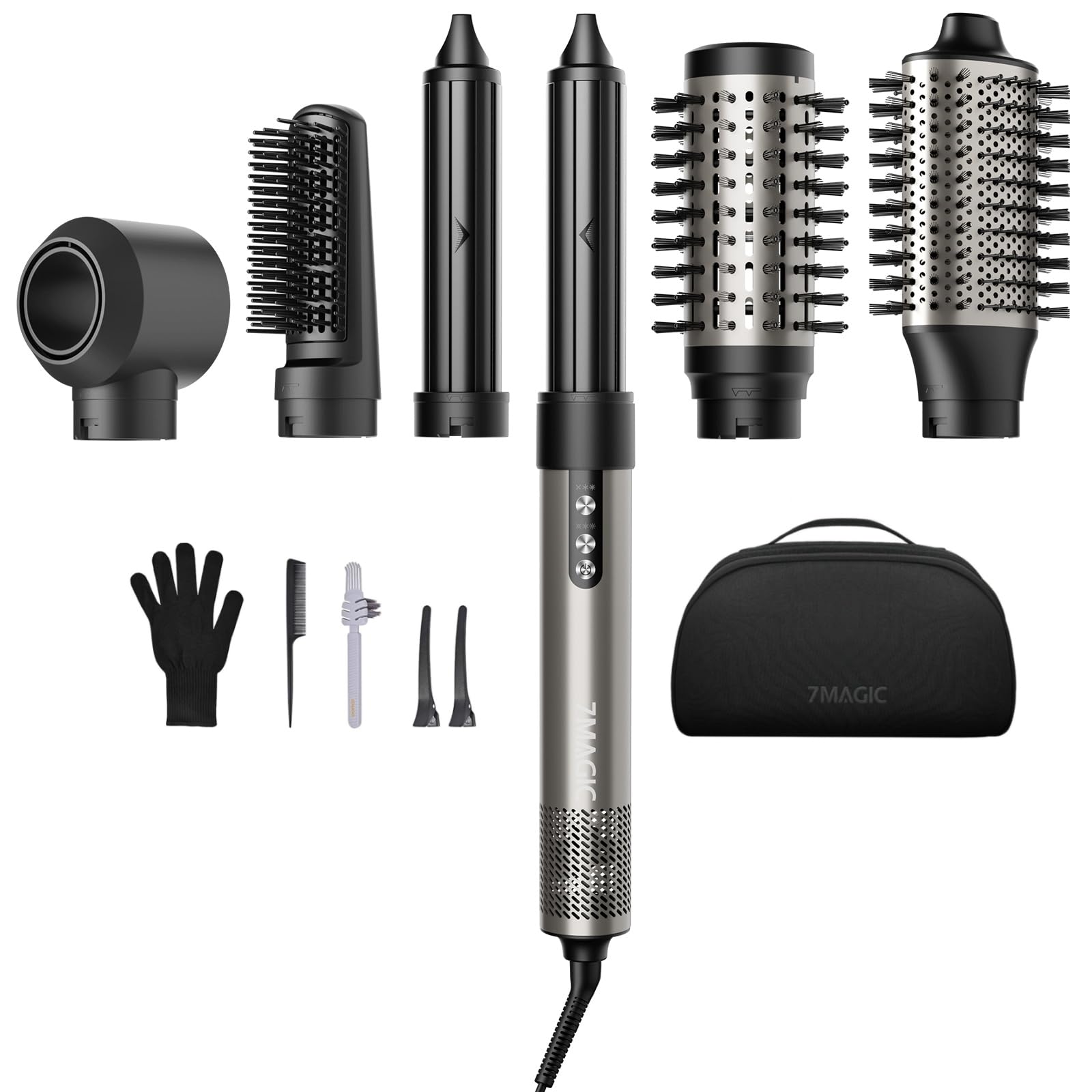 7MAGIC Hair Dryer Brush & 6 in 1 Hair Styler, Silver, 110 Volts, 1200 Watts, Ionic Technology, Fast Drying, Multi Styler for Straight, Wavy, Curly, and Coily Hair