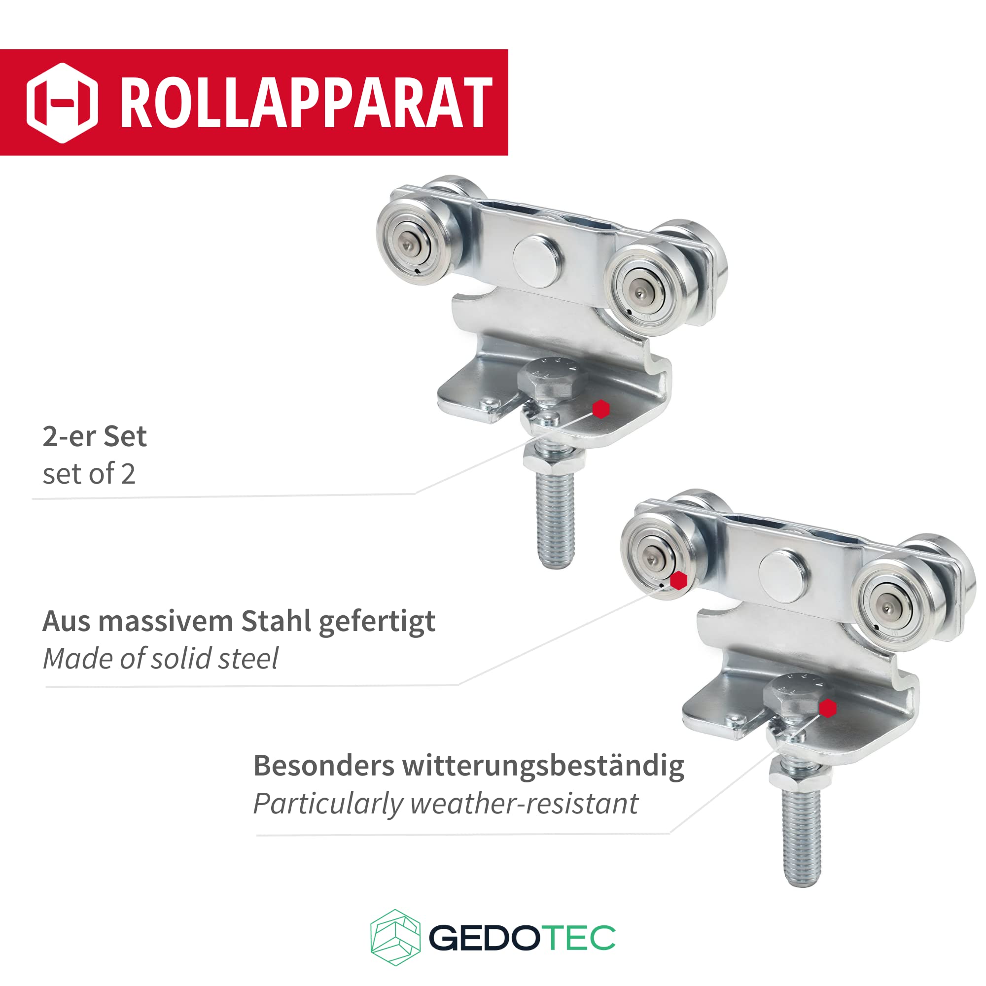 Gedotec Helm Agrar Rollapparat 373 Laufwerk höhenverstellbar doppel-paarig für Stahl Laufschienen Schiebetor | Laufrollen Profil 300 | MADE IN GERMANY | 2 Stück - Rollen für Schiebetürbeschlag
