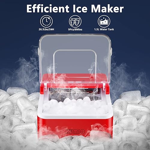 Miniatura 2 de KUMIO Máquina de hielo para encimera, 9 balas de hielo de fabricación rápida en 6-8 minutos, 26.5 libras en 24 horas, máquina de hielo