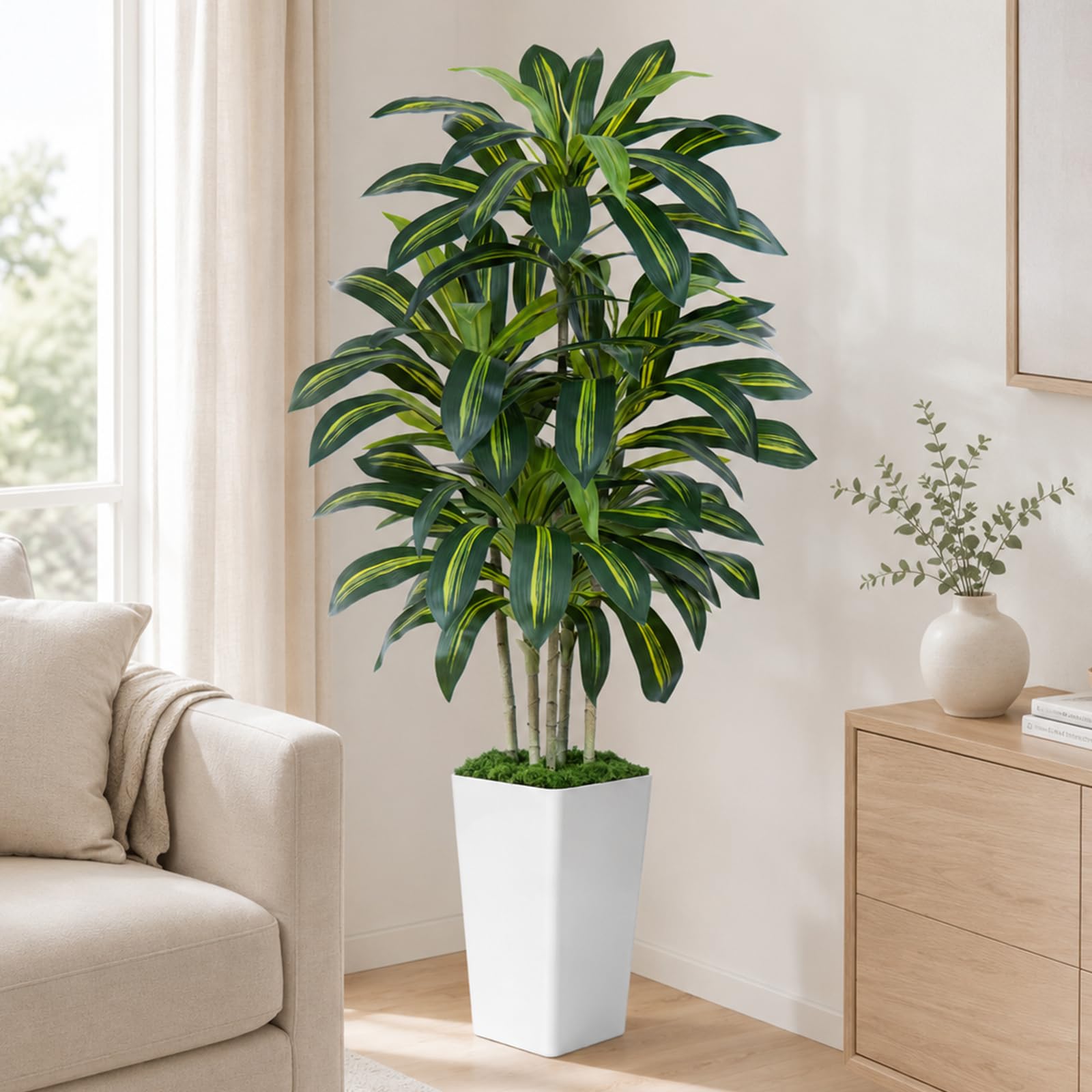 150cm Künstliche Pflanzen Dracaena Kunstpflanze Groß mit Topf Mit Planter aus weiß Kunstpflanzen wie echt für Drinnen Haus Wohnzimmer Dekoration Schlafzimmer Büro Garten (1 Stück)