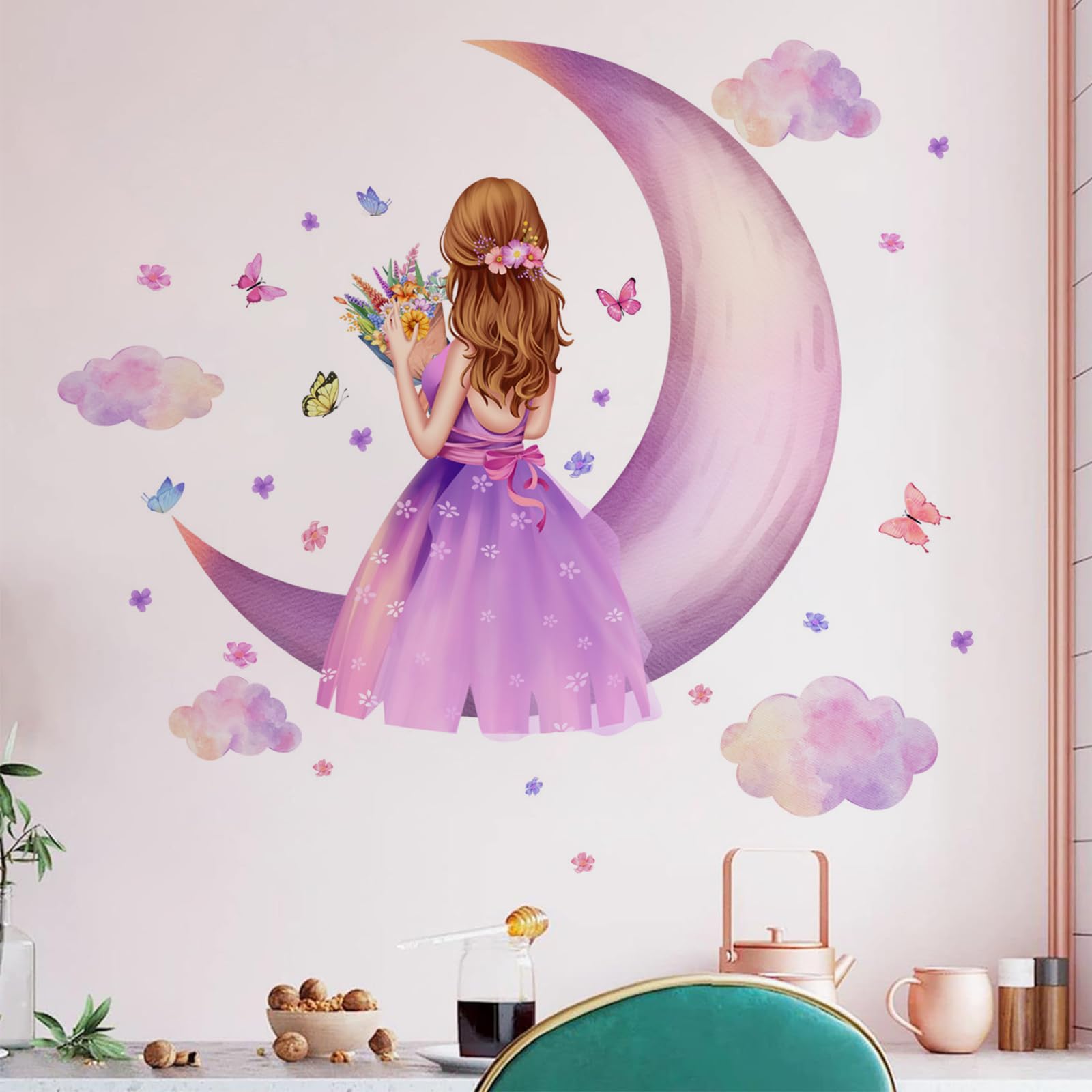 Farfalla ragazza adesivi murali, luna fiore fata decalcomania murale