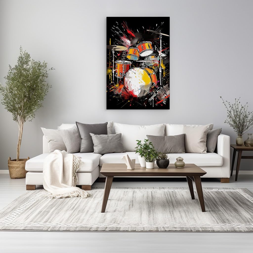 Canvas for Living room. Rhythmic Fusion Unleashed � A Dazzling Drum Set Amidst a Colorful Artistic Burst and the Mystery of the Number 6, 27 x 18 inch Canvas Wall Art - Modern Home Decor