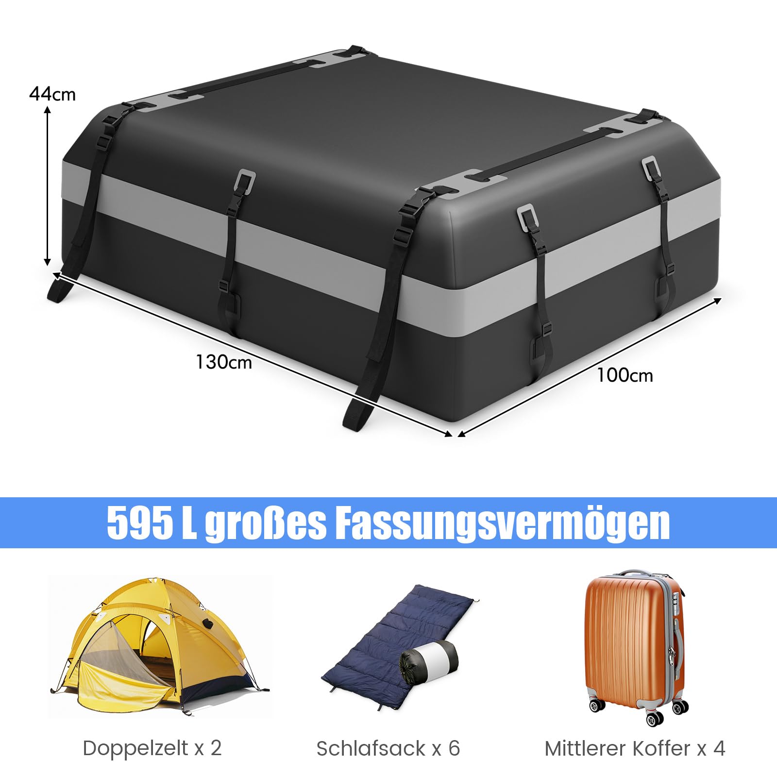 COSTWAY 600L Dachbox für Auto, 600L Dachkoffer wasserdicht mit 6 Türhaken, Zahlenschloss, Rutschfester Matte & Tragetasche, Faltbare Dachtasche Gepäckbox für Autos, Vans, SUVs (Grau)