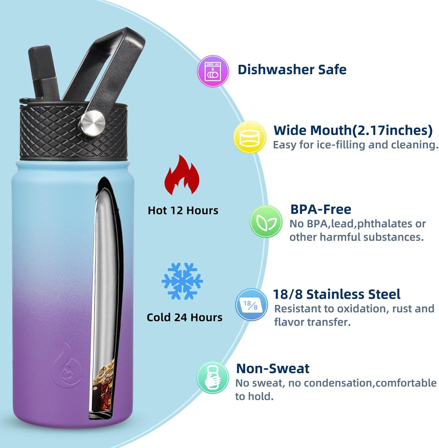 BJPKPK Insulated Water Bottles with Straw Lid, 18oz Stainless Steel Metal Water Bottle, Cold Hot Thermo with 3 Lids, Leak Proof BPA Free Travel Cup, Wide Mouth Flasks, Thermo-Ocean Dream - Image 3