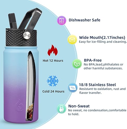 Miniatura 3 de BJPKPK Botellas de agua con aislamiento y tapa con popote de 18 fl oz, acero inoxidable, agua fría o caliente, 3 tapas, sin fugas ni BPA, para