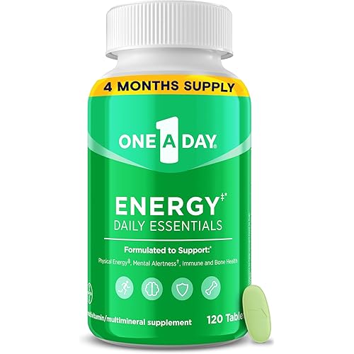 One A Day Energy Daily Essentials Multivitamin, Energy Supplement to Support Mental Alertness and Immune Health with Vitamins A C, D, E, Zinc and Caffeine, 120 Count