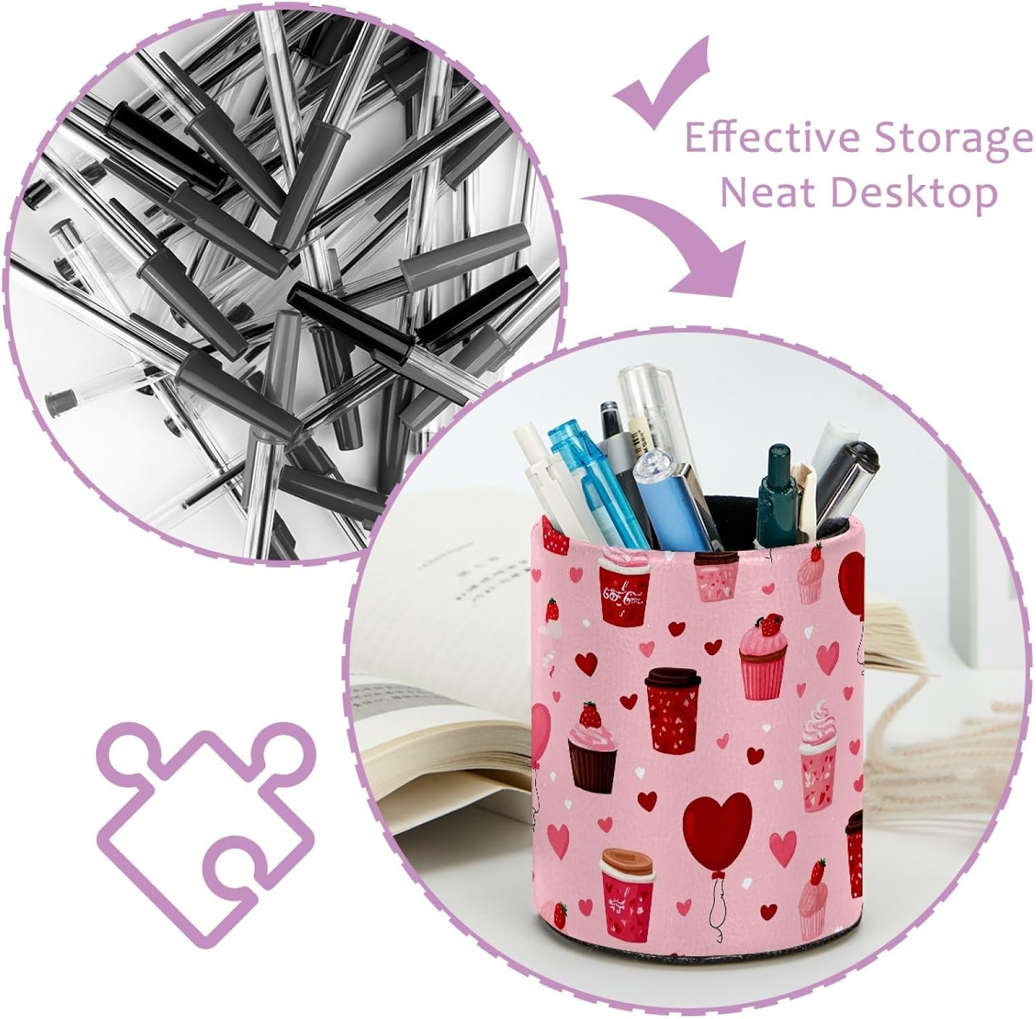 Dragon Sword Cupcake Milk Tea Hearts Pen Holder for Desk, PVC Leather Pencil Cup Makeup Brush Holder Desktop Stationery Organizers and Accessories for Office School Supplies image 4