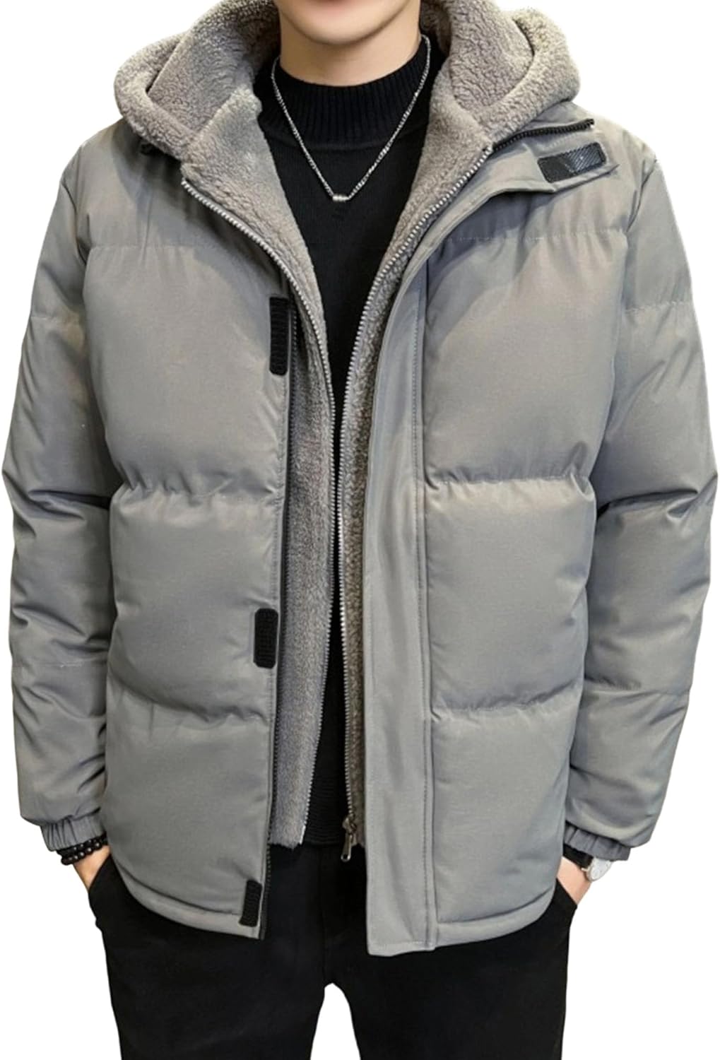 Men Fake 2 Piece Polar Fleece Down Coat Classic Hooded Zipper Cotton Jacket Winter Comfy Casual Down Outerwear