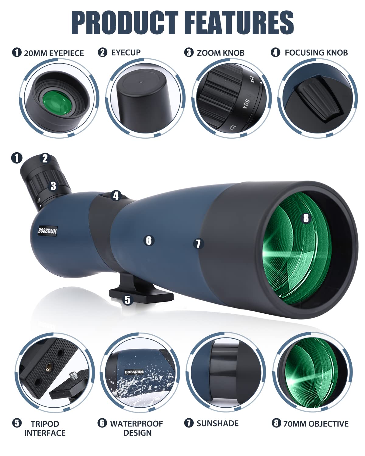 Spektiv 25-75x70 HD Bak4 Prism FMC 45-Grad Zoom Teleskop mit Stativ- und Smartphone-Adapter für Vogelbeobachtung Jagd (GREENA)