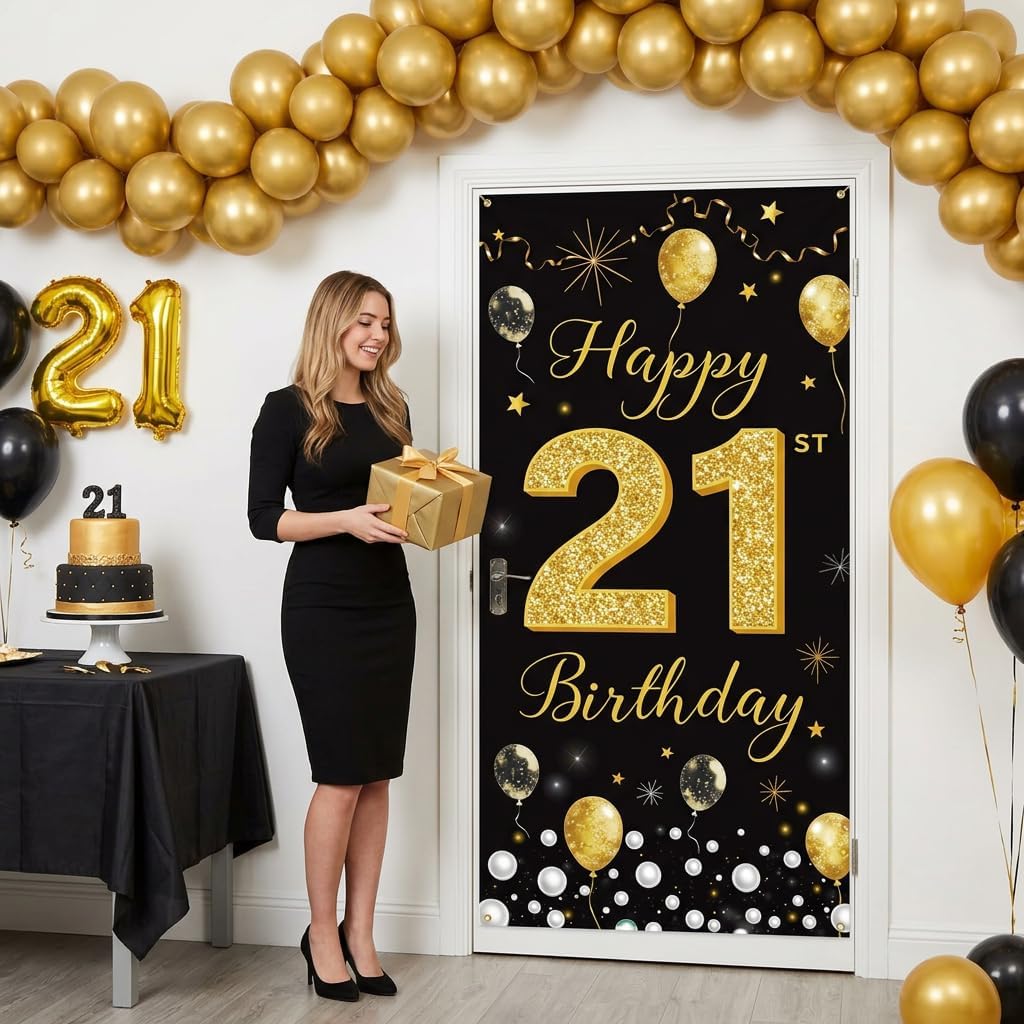 Black Gold 21st Birthday Door Banner, Glittery Party Wall Decoration(G) image 5