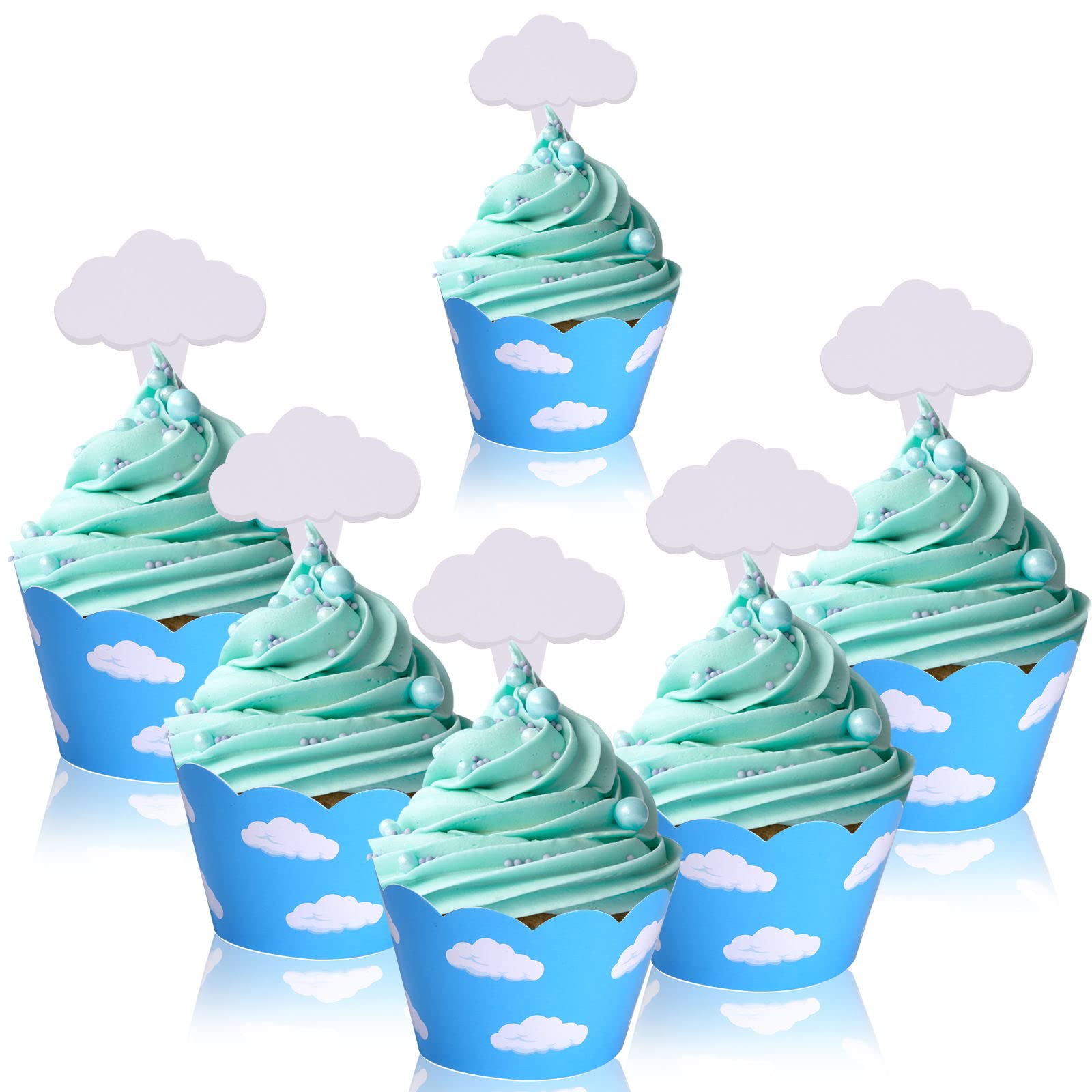 24 Cloud Cupcake Wrapper and Topper, Blue Sky White Clouds Birthday Party Supplies Cartoon Story Cupcake topper, Cartoon Cake Topper for Baby Kids Shower Birthday Party Decorations