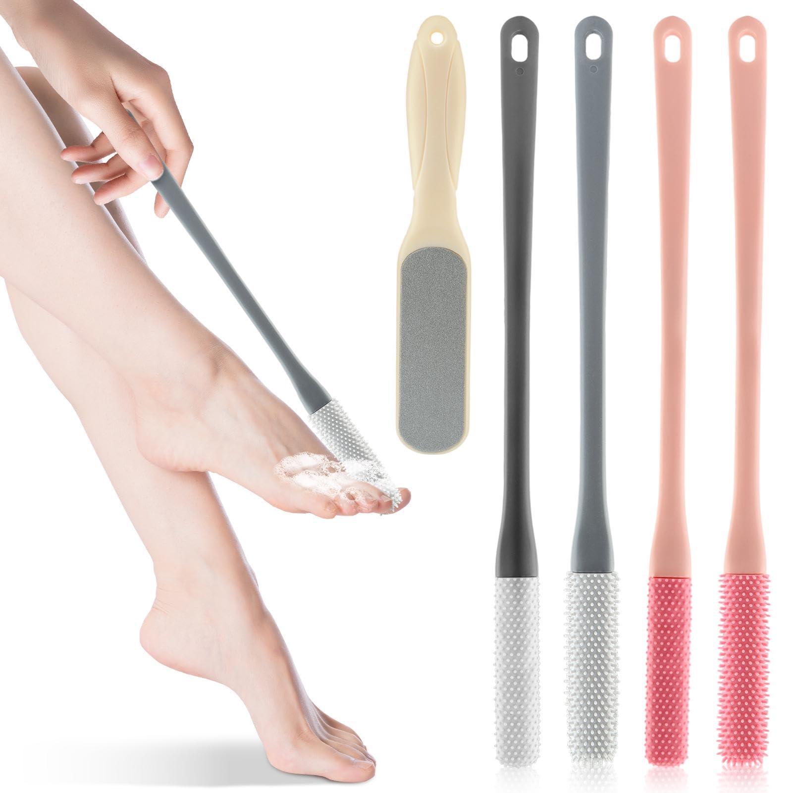 Toe Cleaning Brush with Long Handle, 4Pcs 15.7" Toe Cleaning Brush with 1 Double Side Foot File, Foot Brush Toe Scrubber for Seniors Elderly Men and
