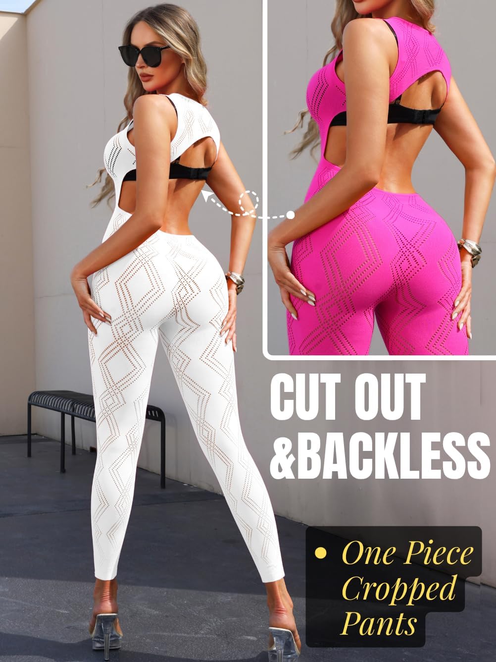 EHSUYAB Women Sexy Jumpsuits Sleevless Backless One Piece Rave Club Outfits | Thick Fishnet Bodysuit, Boat Neck Bodycon Romper, Diamond Hollow Out Lace Catsuit, Going Out Glow Party Music Festival