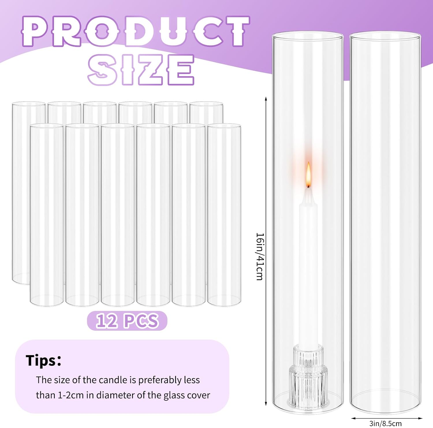 12 PCS Hurricane Candle Holder, 3" W x 16" H Open Ended Glass Candle Cylinder Sleeve, Clear Glass Cylinder Candle Holder, Open Flame Candle Chimney Tube Cover, Bottomless Cylindrical Glass - Image 2