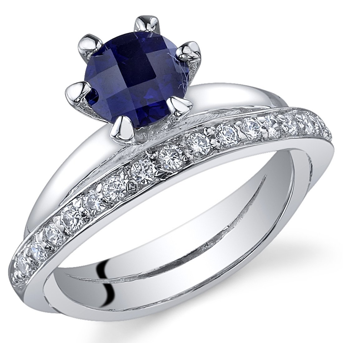 Peora Created Blue Sapphire Ring in Sterling Silver, Interlocking Illusion Design, Round Shape Solitaire, 6mm, 1.25 Carats, Comfort Fit, Sizes 5 to 9