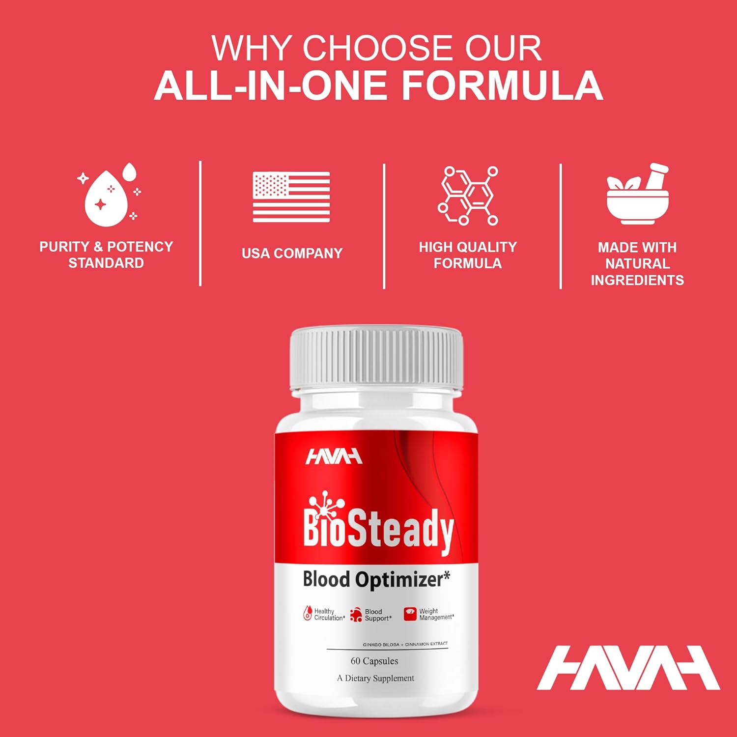 Havah BioSteady Blood Optimizer Advanced Daily Multivitamin Health Support and Natural Wellness Supplement Formula, Bio Steady Premium Health and Wellness Support Formula (1 Pack - 60 Capsules)