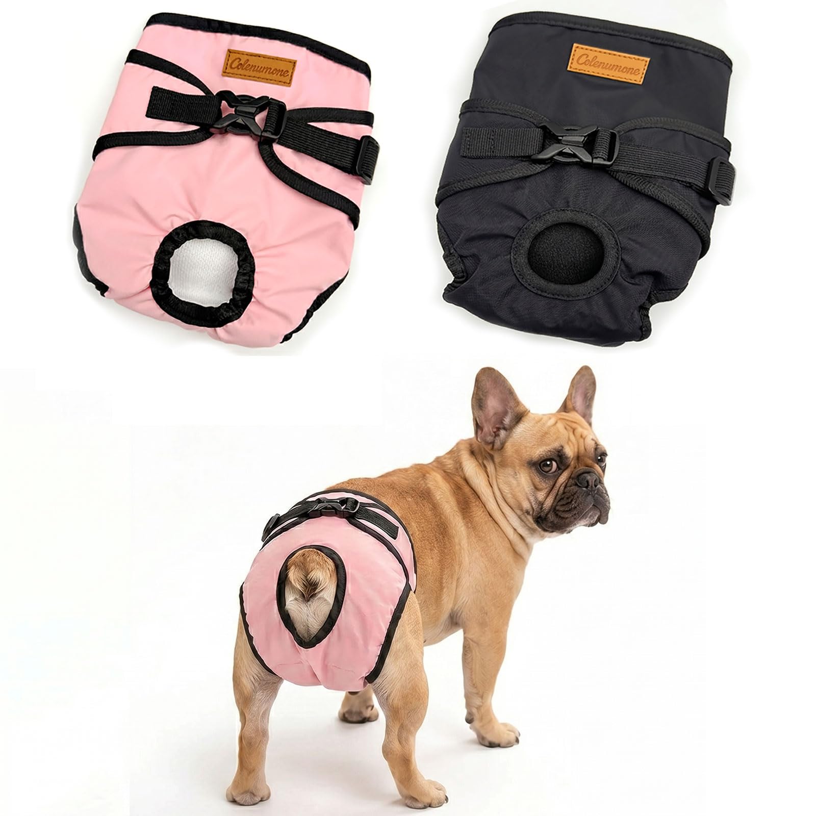 Colenumone Dog Diapers Female, 2-Pack Washable & Reusable Puppy Period Panties with Adjustable Buckles, Highly Absorbent Doggie Diapers for Heat, Incontinence & Excitement Urination,（Pink & Black,S）