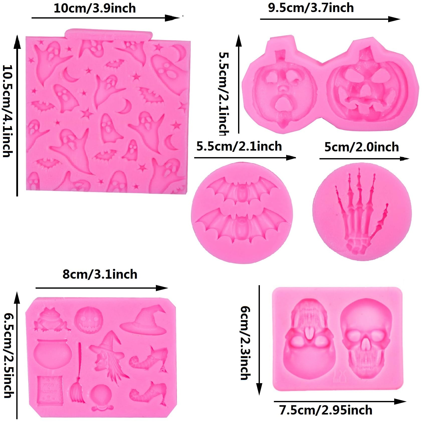 6 moldes de silicona para fondant de pastel de chocolate, bruja, fantasma, cráneo, murciélago, calabaza, bandejas de dulces de hielo para galletas, moldes para hornear, magdalenas, gelatina, azúcar,