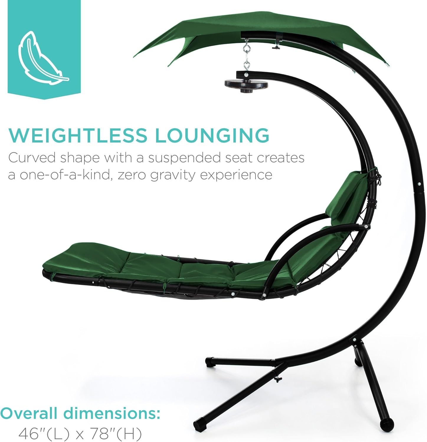 Best Choice Products Hanging LED-Lit Curved Chaise Lounge Chair Swing for Backyard, Patio, Lawn w/ 3 Light Settings, Weather-Resistant Pillow, Removable Canopy Shade, Steel Stand - Green