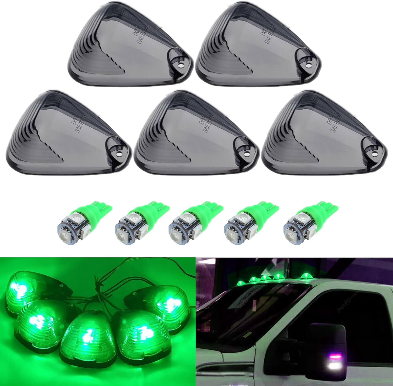 Smoke Cover with Green LED Cab Marker Light, Roof Running Light Accessories Replacement for 1999-2016 Ford F150 F250 F350 F450 F550 F650 F750 E150 E250 Super Duty Pickup Truck (without Base)