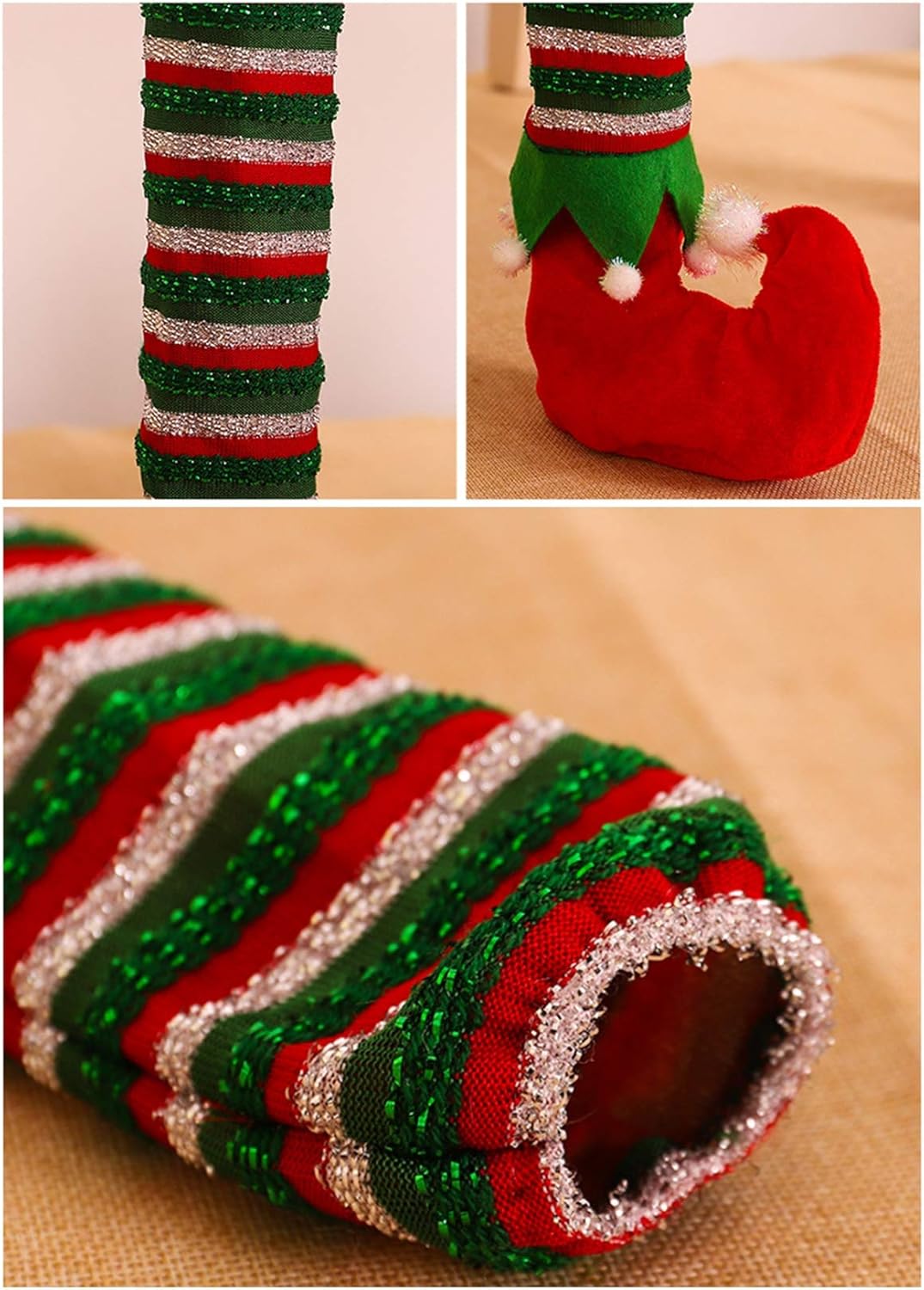 Christmas Table Leg Cover 4PCS Non-Slip Cloth Elves Chair Leg Foot Covers, Elf Striped Dining Table Leg Chair Foot Protective Cover Christmas Decor Reduce Noise for Christmas Party,Green