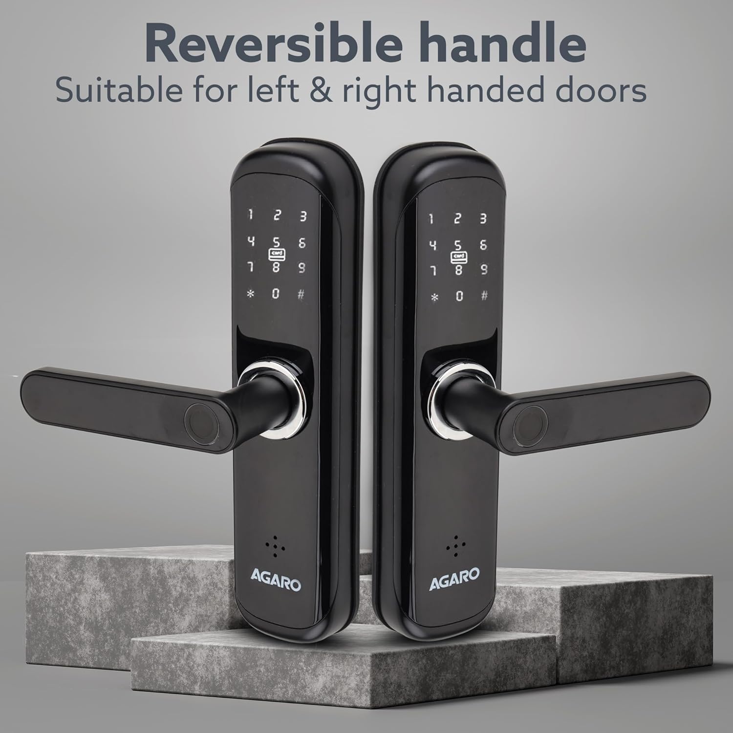 Two AGARO Grand Smart Door Locks demonstrating the reversible handle feature for left and right-handed doors.