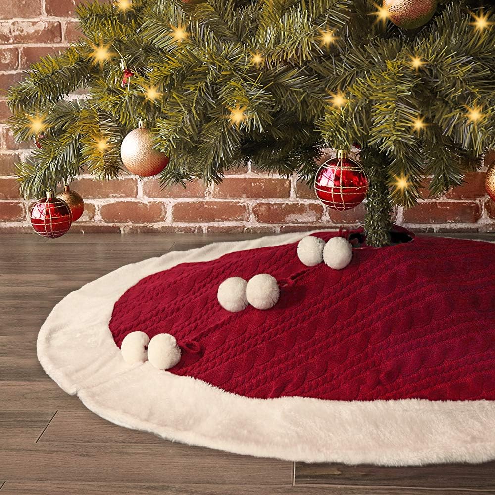 LimBridgeChristmas Tree Skirt, 48 inches Knitted Skirt with Plush Faux Fur Edge, Rustic Thick Heavy Yarn Knit Xmas Holiday Decoration, Burgundy and White