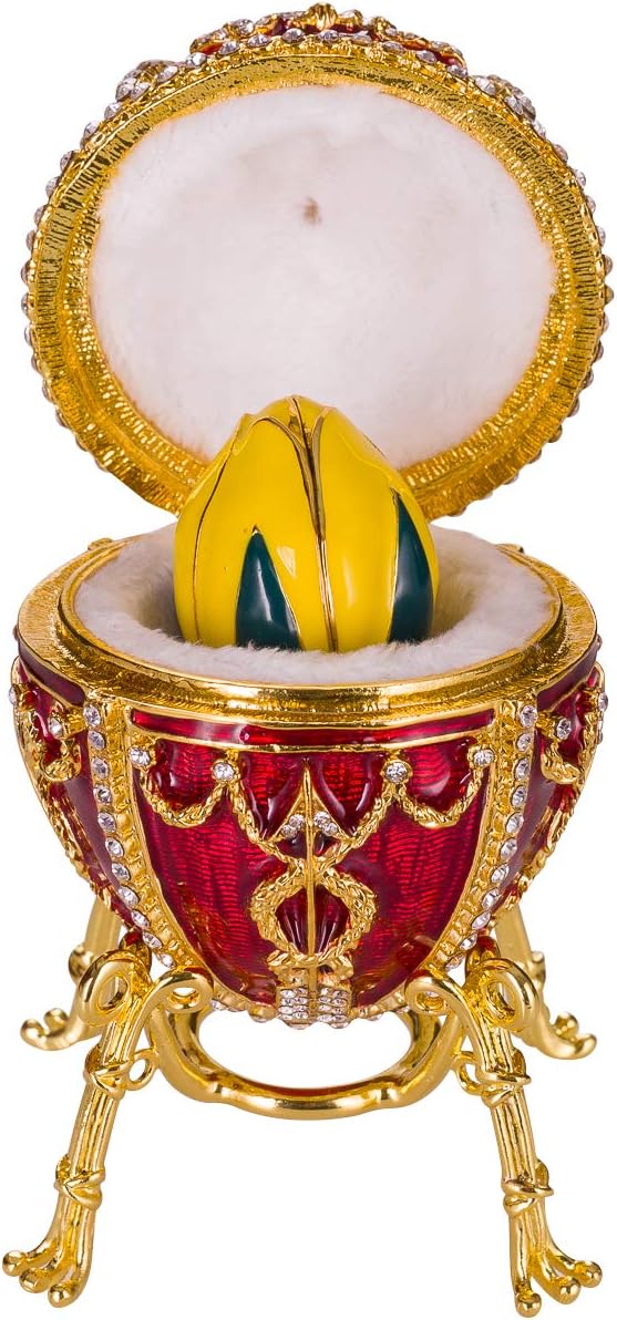 Best Seller Russian Faberge Style Rosebud Egg / Trinket Jewel Box with Flower and Pendant 3.8'' red