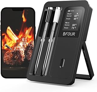 BFOUR Fleischthermometer Kabelloses mit 2 Sonden,Bluetooth Grillthermometer mit Smart Base, LCD-Display, APP-Steuerung, Bratenthermometer digital für Ofen, Grill,Räucherofen,Upgrade Ver.