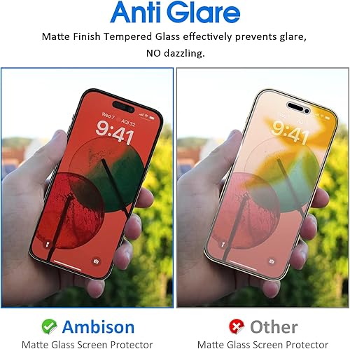 Miniatura 10 de Ambison Paquete de 2 protectores de pantalla de vidrio mate diseñado para iPhone 15 Pro, marco de instalación, sin burbujas, antirreflejos, sin