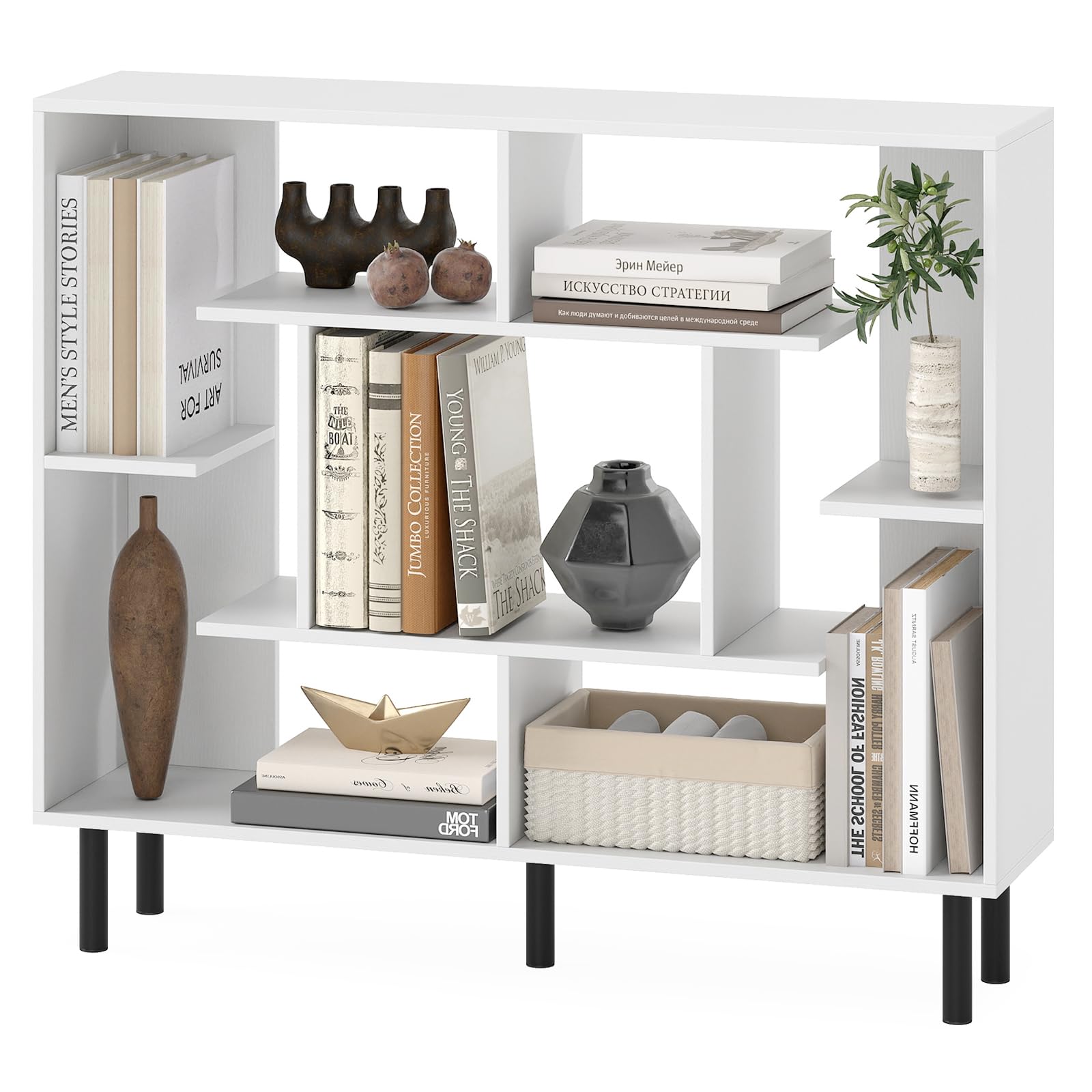 COSTWAY Open Bookshelf, Modern Geometric Bookcase with Anti-tipping Devices, Freestanding Storage Organizer Display Shelf for Living Room, Bedroom, Study, Home Office (White)