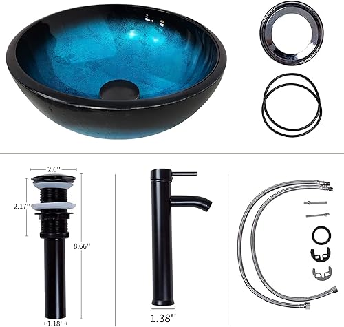 Miniatura 4 de Fregadero de baño de 12 pulgadas, lavabo de vidrio templado, cuenco redondo con grifo combinado, azul