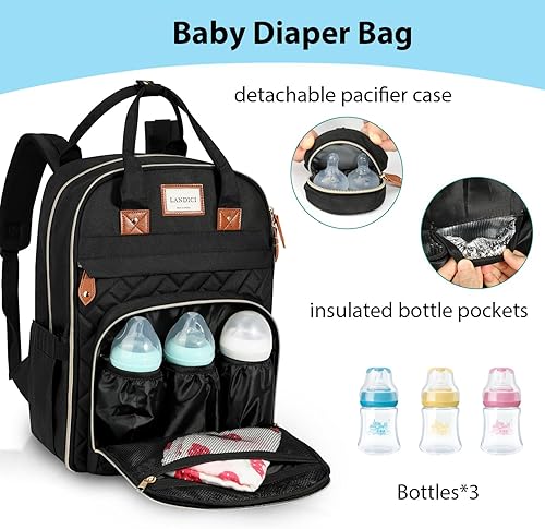 Miniatura 2 de LANDICI Mochila para pañales, bolsas de pañales multifunción para bebé con cambiador, correas para cochecito y funda para chupete, mochila esencial