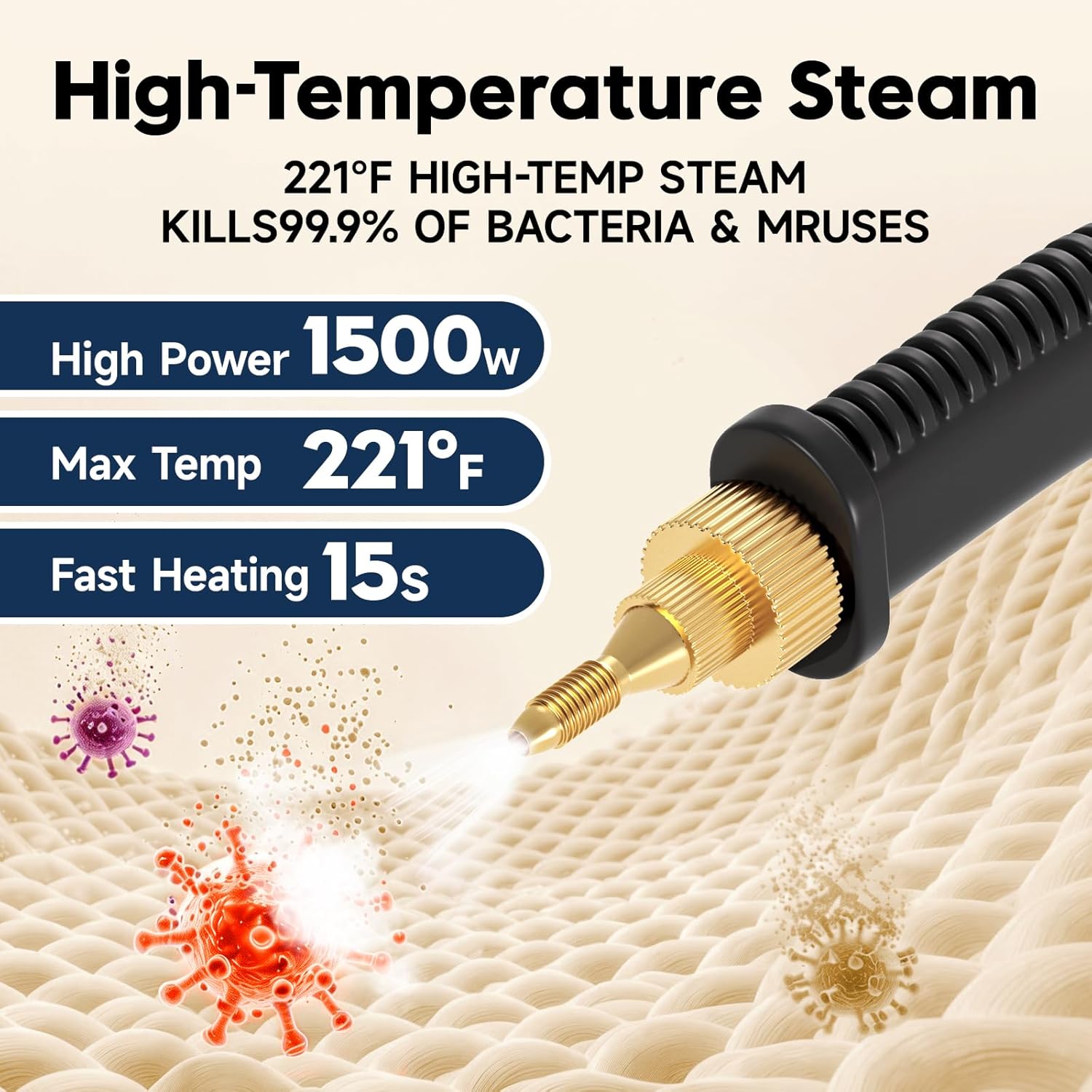 Steam Cleaner, 1500W High Pressure Steamer with 1.27Qt Tank, 15s Fast Heat, 6-Level Adjustable Steam, Portable Machine with 15pcs Kit for Dirt, Grease, Grout, Tile, Floor, Car Detailing