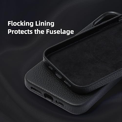 Miniatura 2 de Funda de cuero genuino para iPhone 15 (6.1 pulgadas) Funda magnética de cuero de grano superior Litchi - Compatible con Magsafe - Negro