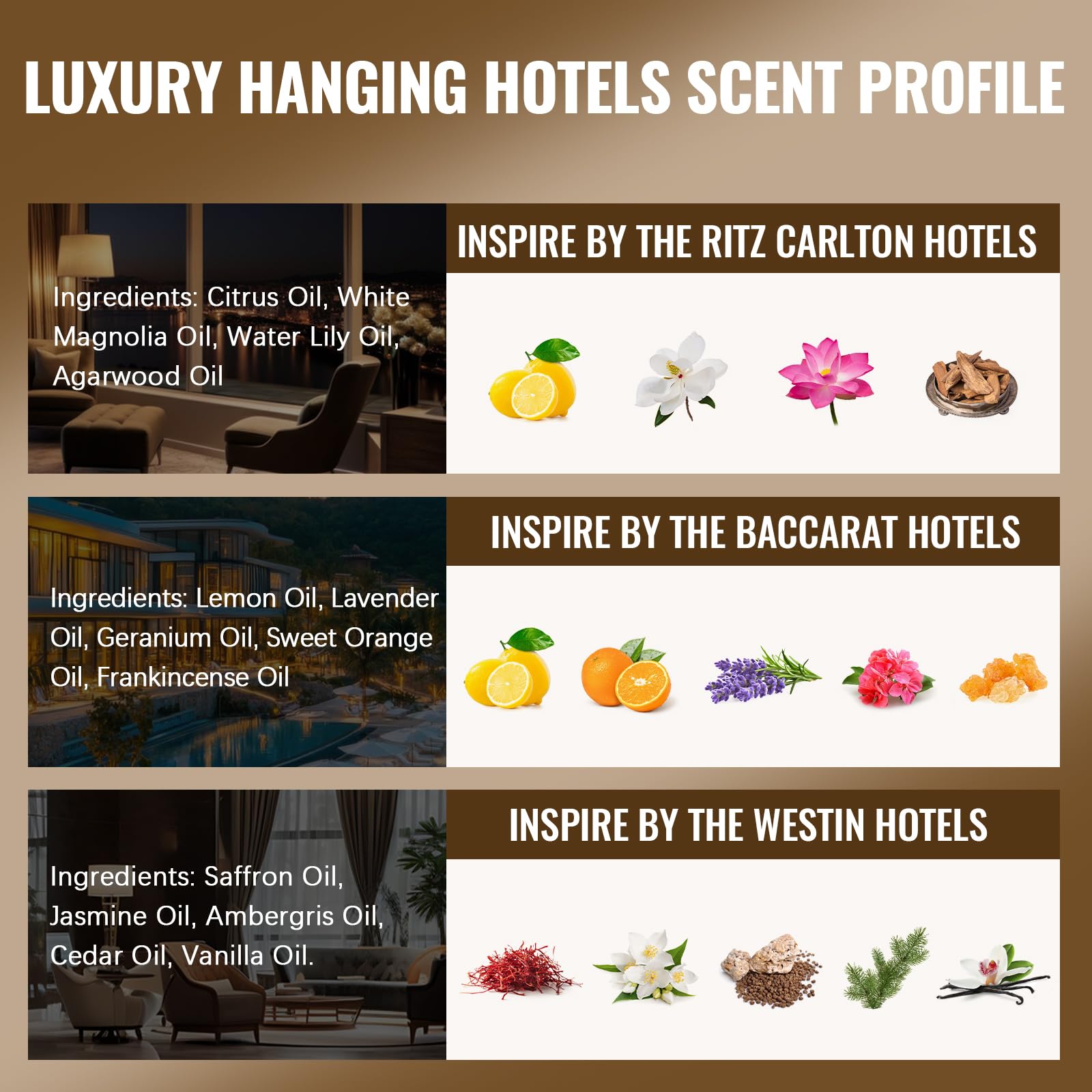 AESHORY Ambientador Coche Hotel 3 X 8ml, Aceites Esenciales Naturales Colgante para Automóvil, Ambientadores Coche con Absorbe Olores de Popular para Hoteles - Hotel Ritz Carlton, Baccarat, Westin