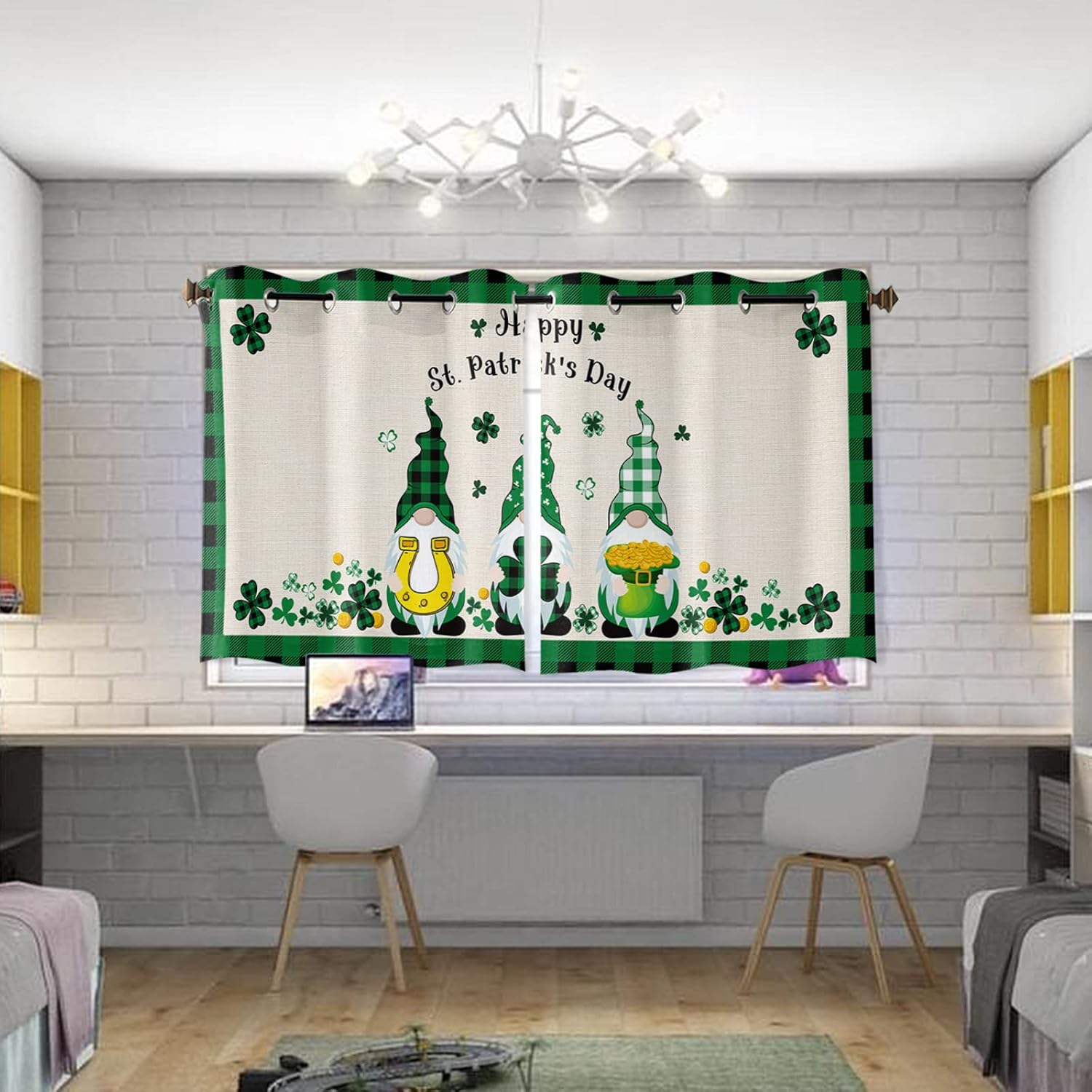 Saint Patrick's Day Window Curtain Funny Dwarf Irish Clover Leaf Horseshoe Windows Drapes Panel, Vintage Burlap Light Filtering Kitchen Cafe Curtains Drape Treatment Set of 2 with Grommet Top