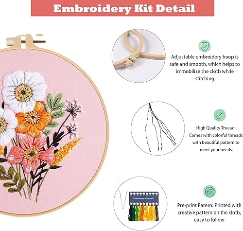 Miniatura 8 de GLTAYLMY Kit de bordado con patrón de mariposa para adultos principiantes, kits de punto de cruz con 1 aro de bordado de plástico, agujas e hilos de