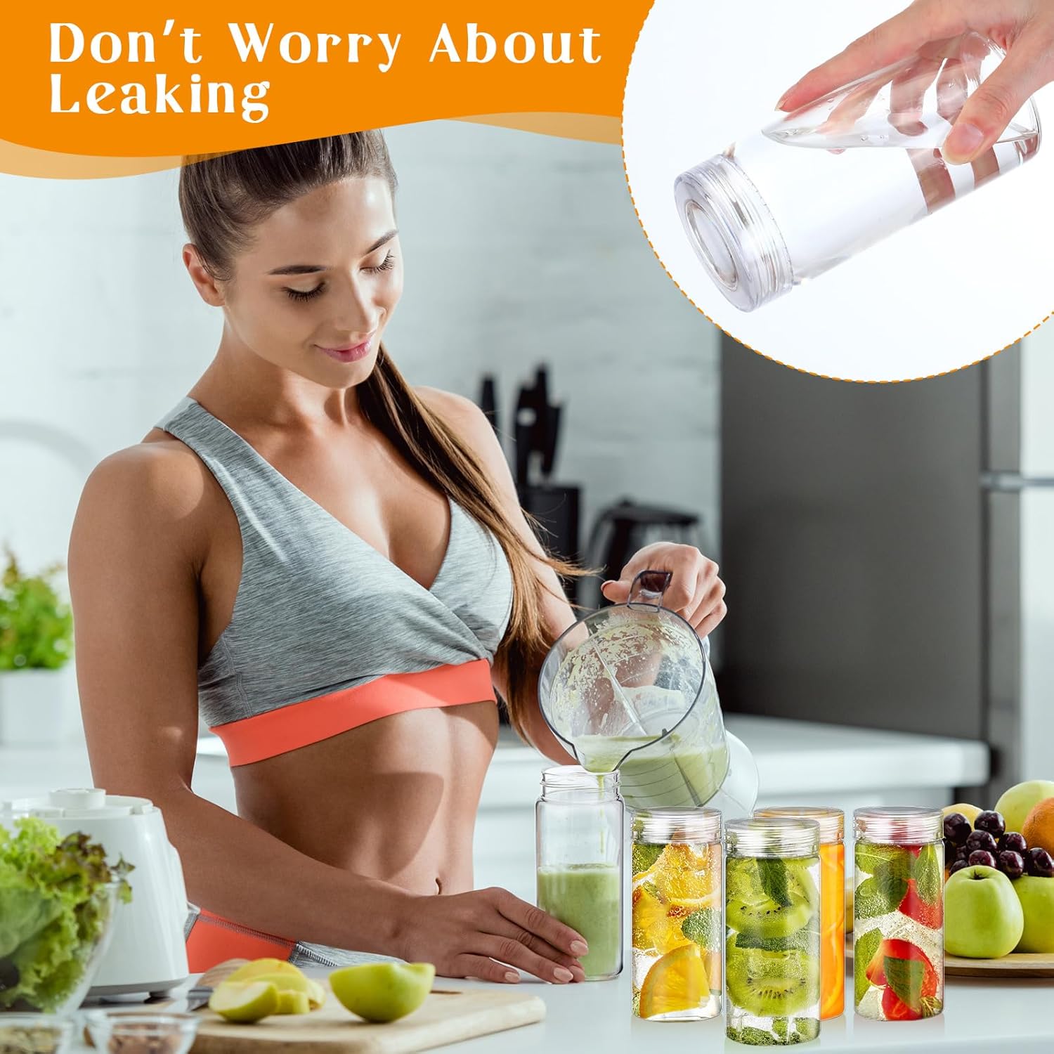 Uiifan 8 Pcs Glass Water Bottles 10 oz Wide Mouth Containers with Lids Reusable Juice Bottles Leakproof Glass Containers for Liquids Portable Drinking Jars for Smoothies Cold Brew Juices Storage - Image 6